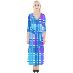 Gingham Pattern Blue Purple Shades Quarter Sleeve Wrap Maxi Dress by Sapixe