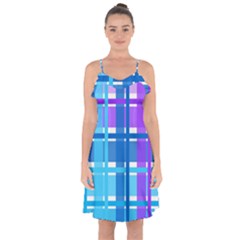 Gingham Pattern Blue Purple Shades Ruffle Detail Chiffon Dress by Sapixe