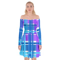 Gingham Pattern Blue Purple Shades Off Shoulder Skater Dress by Sapixe