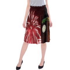 Fireworks Explode Behind The Houses Of Parliament And Big Ben On The River Thames During New Year’s Midi Beach Skirt by Sapixe