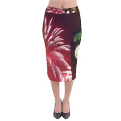 Fireworks Explode Behind The Houses Of Parliament And Big Ben On The River Thames During New Year’s Velvet Midi Pencil Skirt by Sapixe