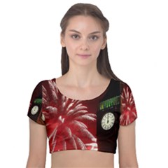 Fireworks Explode Behind The Houses Of Parliament And Big Ben On The River Thames During New Year’s Velvet Short Sleeve Crop Top  by Sapixe