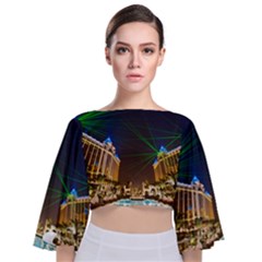 Galaxy Hotel Macau Cotai Laser Beams At Night Tie Back Butterfly Sleeve Chiffon Top by Sapixe