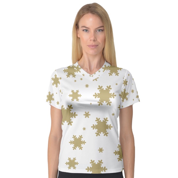 Gold Snow Flakes Snow Flake Pattern V-Neck Sport Mesh Tee