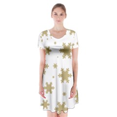 Gold Snow Flakes Snow Flake Pattern Short Sleeve V-neck Flare Dress by Sapixe