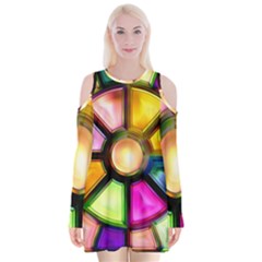 Glass Colorful Stained Glass Velvet Long Sleeve Shoulder Cutout Dress by Sapixe