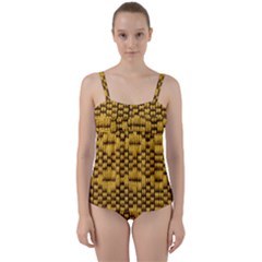 Golden Pattern Fabric Twist Front Tankini Set by Sapixe