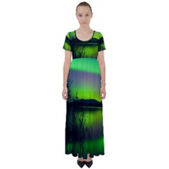 Green Northern Lights Canada High Waist Short Sleeve Maxi Dress by Sapixe