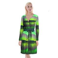 Green Northern Lights Canada Long Sleeve Velvet Front Wrap Dress by Sapixe