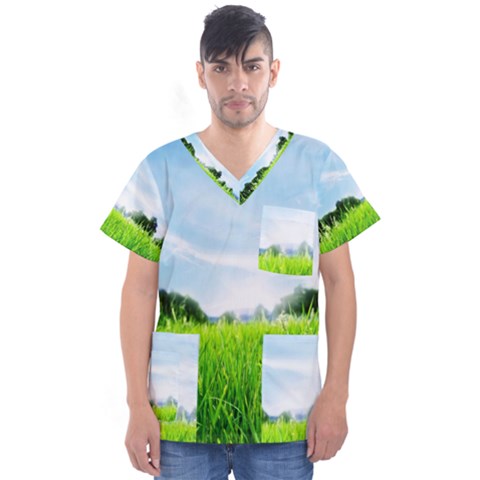 Green Landscape, Green Grass Close Up Blue Sky And White Clouds Men s V-neck Scrub Top by Sapixe