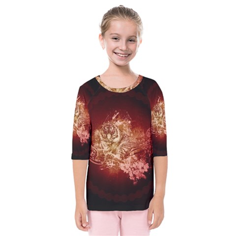 Wonderful Tiger With Flowers And Grunge Kids  Quarter Sleeve Raglan Tee by FantasyWorld7