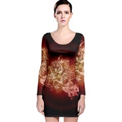 Wonderful Tiger With Flowers And Grunge Long Sleeve Velvet Bodycon Dress by FantasyWorld7