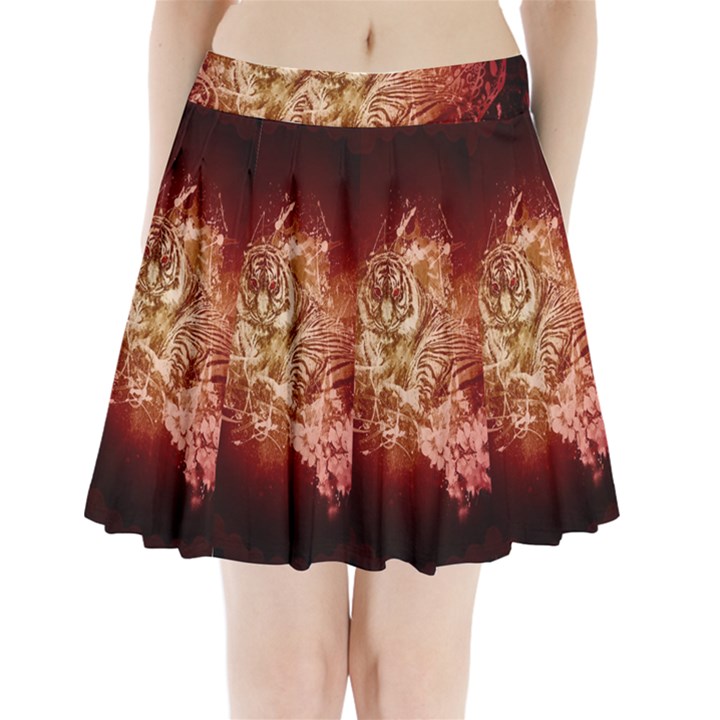 Wonderful Tiger With Flowers And Grunge Pleated Mini Skirt