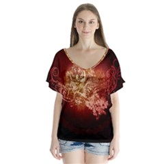 Wonderful Tiger With Flowers And Grunge V-neck Flutter Sleeve Top by FantasyWorld7