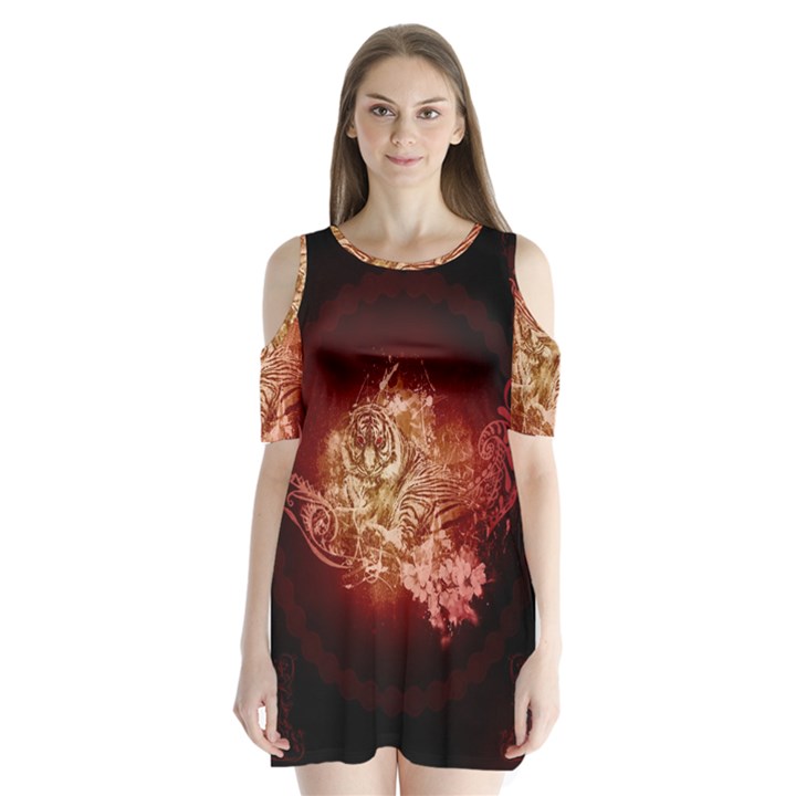 Wonderful Tiger With Flowers And Grunge Shoulder Cutout Velvet One Piece