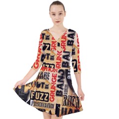 Guitar Typography Quarter Sleeve Front Wrap Dress by Sapixe