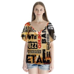 Guitar Typography V-neck Flutter Sleeve Top by Sapixe