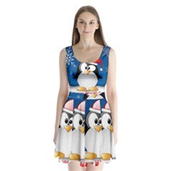 Happy Holidays Christmas Card With Penguin Split Back Mini Dress  by Sapixe