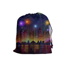 Happy Birthday Independence Day Celebration In New York City Night Fireworks Us Drawstring Pouches (large)  by Sapixe