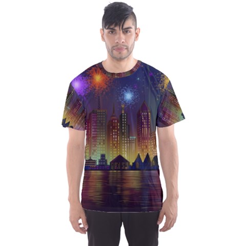 Happy Birthday Independence Day Celebration In New York City Night Fireworks Us Men s Sports Mesh Tee by Sapixe