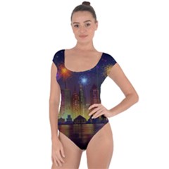 Happy Birthday Independence Day Celebration In New York City Night Fireworks Us Short Sleeve Leotard  by Sapixe