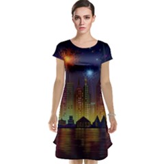 Happy Birthday Independence Day Celebration In New York City Night Fireworks Us Cap Sleeve Nightdress by Sapixe