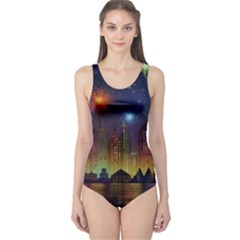 Happy Birthday Independence Day Celebration In New York City Night Fireworks Us One Piece Swimsuit by Sapixe