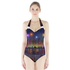 Happy Birthday Independence Day Celebration In New York City Night Fireworks Us Halter Swimsuit by Sapixe