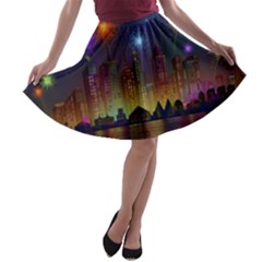 Happy Birthday Independence Day Celebration In New York City Night Fireworks Us A-line Skater Skirt by Sapixe