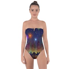 Happy Birthday Independence Day Celebration In New York City Night Fireworks Us Tie Back One Piece Swimsuit by Sapixe