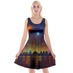 Happy Birthday Independence Day Celebration In New York City Night Fireworks Us Reversible Velvet Sleeveless Dress by Sapixe