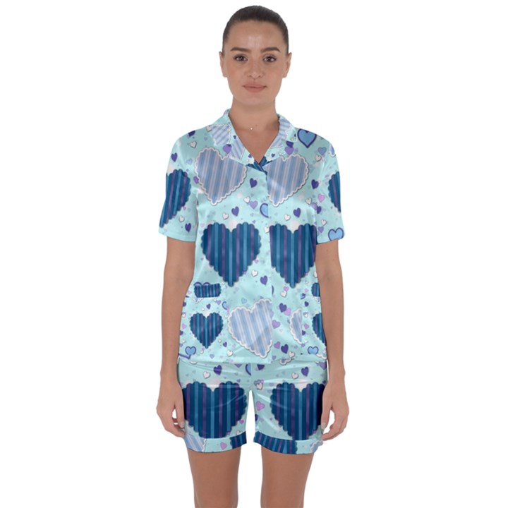 Hearts Pattern Paper Wallpaper Satin Short Sleeve Pyjamas Set