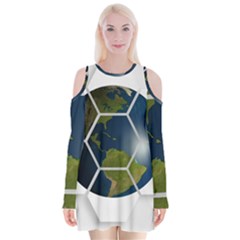 Hexagon Diamond Earth Globe Velvet Long Sleeve Shoulder Cutout Dress by Sapixe