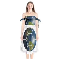 Hexagon Diamond Earth Globe Shoulder Tie Bardot Midi Dress by Sapixe