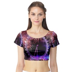 Happy New Year Clock Time Fireworks Pictures Short Sleeve Crop Top by Sapixe