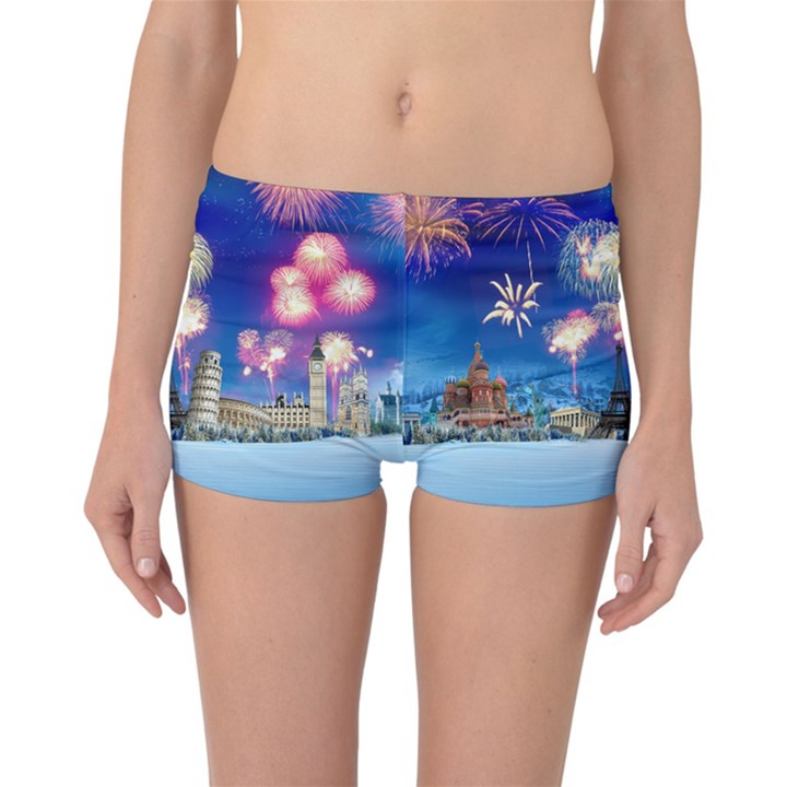 Happy New Year Celebration Of The New Year Landmarks Of The Most Famous Cities Around The World Fire Reversible Boyleg Bikini Bottoms