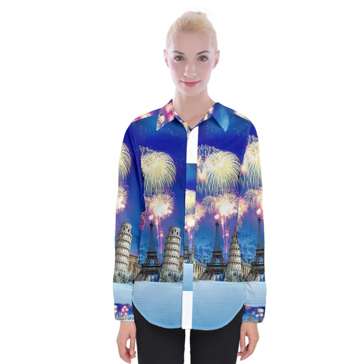 Happy New Year Celebration Of The New Year Landmarks Of The Most Famous Cities Around The World Fire Womens Long Sleeve Shirt