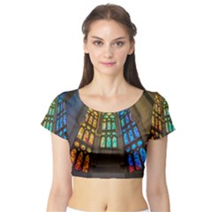 Leopard Barcelona Stained Glass Colorful Glass Short Sleeve Crop Top by Sapixe