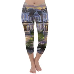 Landscape House River Bridge Swans Art Background Capri Winter Leggings  by Sapixe