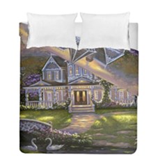 Landscape House River Bridge Swans Art Background Duvet Cover Double Side (full/ Double Size) by Sapixe