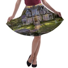 Landscape House River Bridge Swans Art Background A-line Skater Skirt by Sapixe