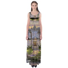 Landscape House River Bridge Swans Art Background Empire Waist Maxi Dress by Sapixe