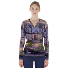 Landscape House River Bridge Swans Art Background V-neck Long Sleeve Top by Sapixe