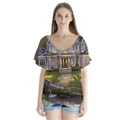 Landscape House River Bridge Swans Art Background V-neck Flutter Sleeve Top by Sapixe