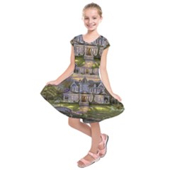 Landscape House River Bridge Swans Art Background Kids  Short Sleeve Dress by Sapixe