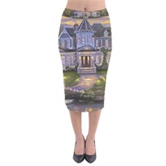 Landscape House River Bridge Swans Art Background Velvet Midi Pencil Skirt by Sapixe