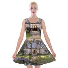 Landscape House River Bridge Swans Art Background Velvet Skater Dresses by Sapixe