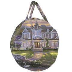 Landscape House River Bridge Swans Art Background Giant Round Zipper Tote by Sapixe