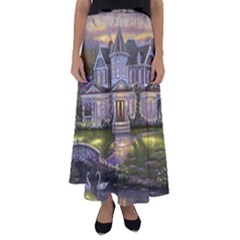 Landscape House River Bridge Swans Art Background Flared Maxi Skirt by Sapixe