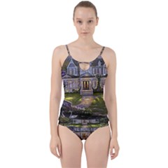 Landscape House River Bridge Swans Art Background Cut Out Top Tankini Set by Sapixe